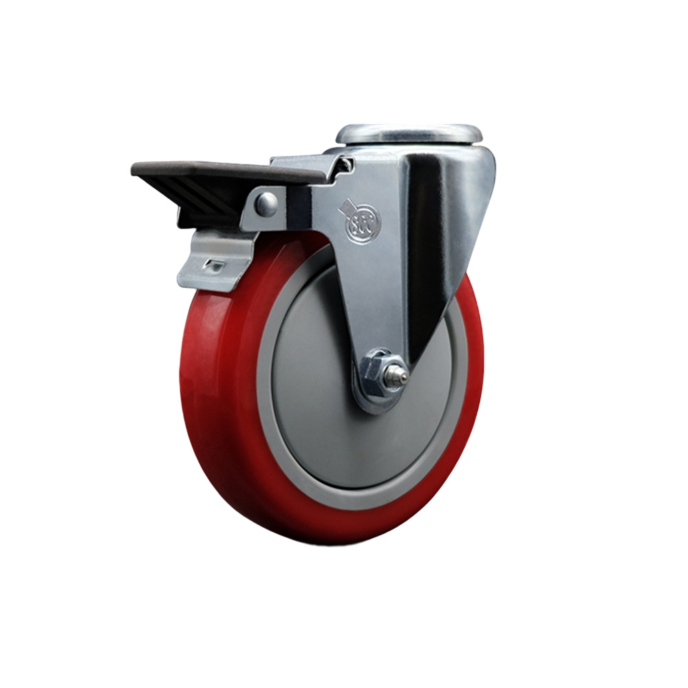 SCC-BH20S514-PPUB-RED-PLB Polyurethane Swivel Bolt Hole Caster with 5 x 1.25 in. Red Wheel & Posi Locking Brake