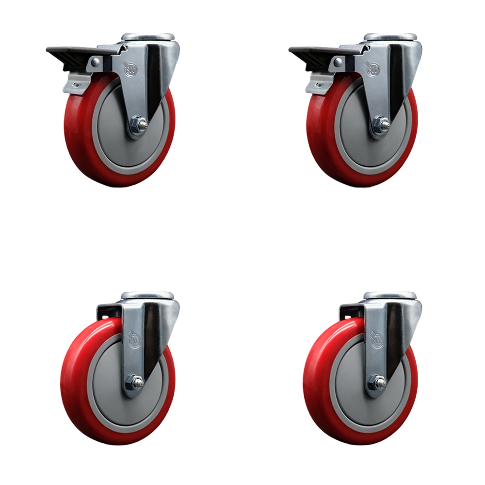 SCC-BH20S514-PPUB-RED-PLB-2-S-2 Polyurethane Swivel Bolt Hole Caster with 5 x 1.25 in. Red Wheels - Set of 4