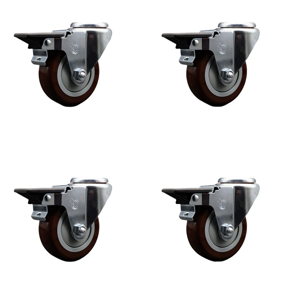 SCC-BH20S3514-PPUB-MRN-PLB-4 Polyurethane Swivel Bolt Hole Caster with 3.5 x 1.25 in. Maroon Wheels - Set of 4