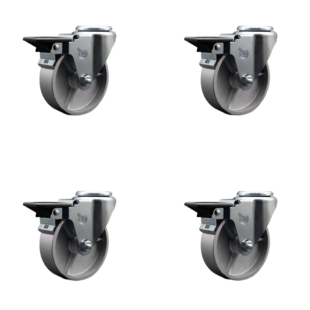 SCC-BH20S415-SSR-PLB-4 Semi Steel Cast Iron Swivel Bolt Hole Caster with Roller Bearing, 4 x 1.5 in. Silver Wheels - Set of 4