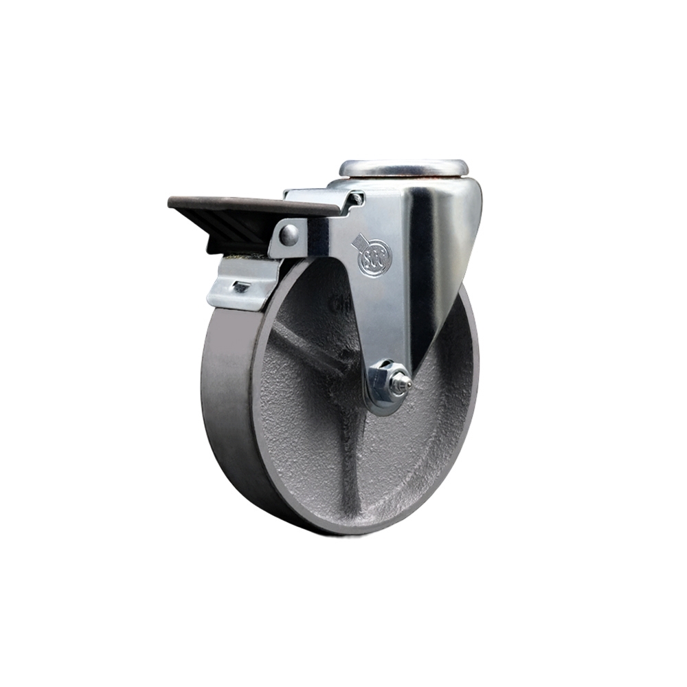 SCC-BH20S515-SSR-PLB Semi Steel Cast Iron Swivel Bolt Hole Caster with Roller Bearing, 5 x 1.5 in. Silver Wheel & Posi Locking Brake