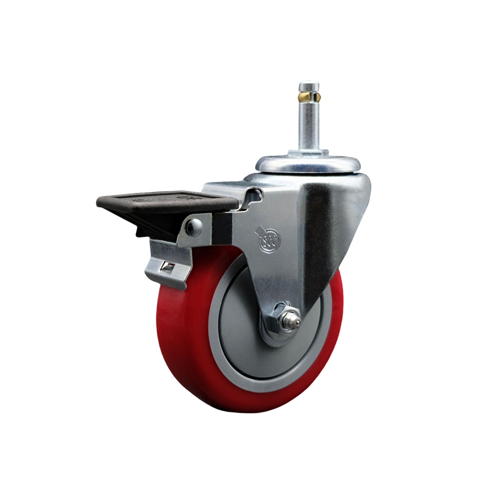 SCC-GR20S414-PPUB-RED-PLB-716138 Polyurethane Swivel Grip Ring Stem Caster with 4 x 1.25 in. Red Wheel & 0.43 in. Stem & Posi Locking Brake