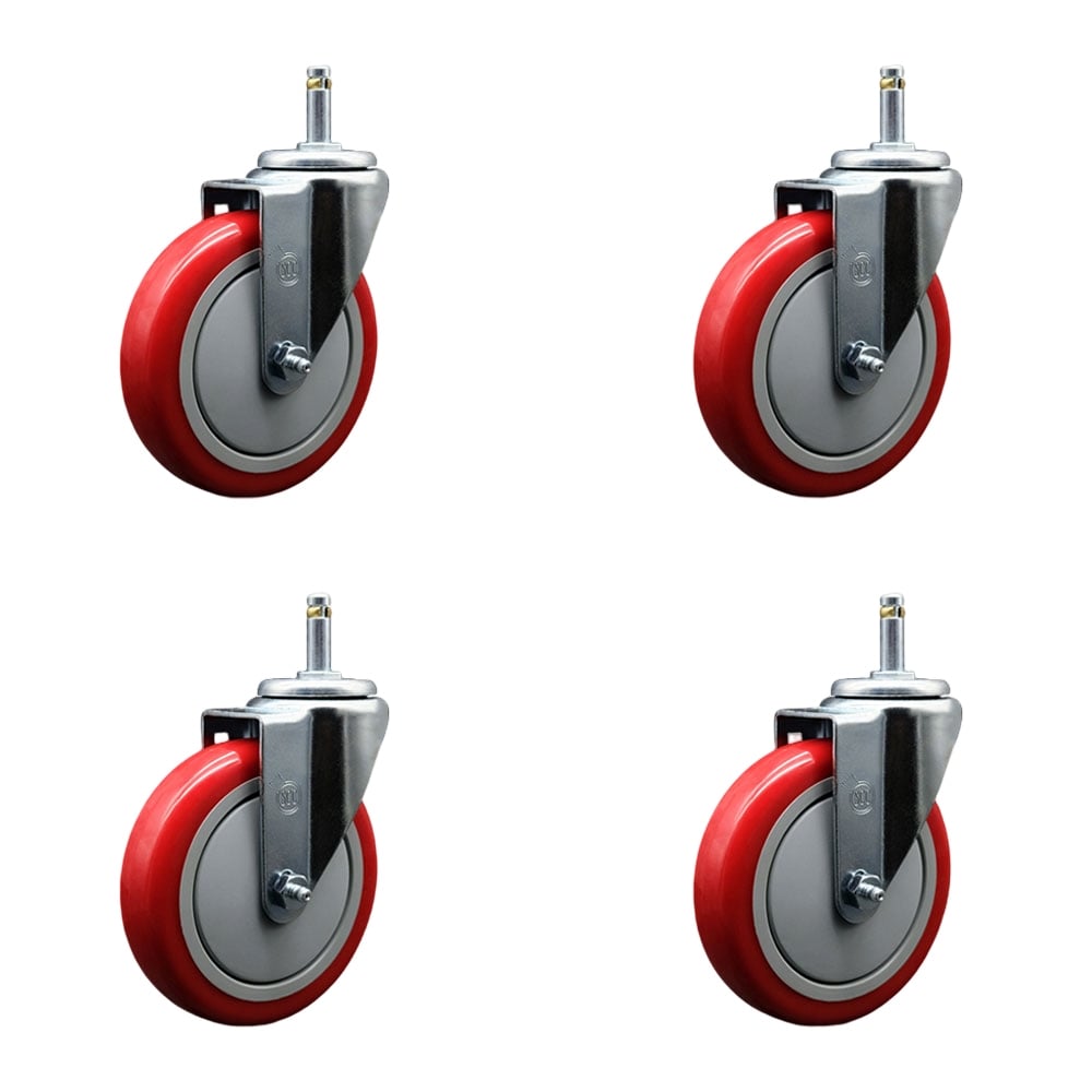 SCC-GR20S514-PPUB-RED-716138-4 Polyurethane Swivel Grip Ring Stem Caster with 5 x 1.25 in. Red Wheels & 0.43 in. Stems - Set of 4