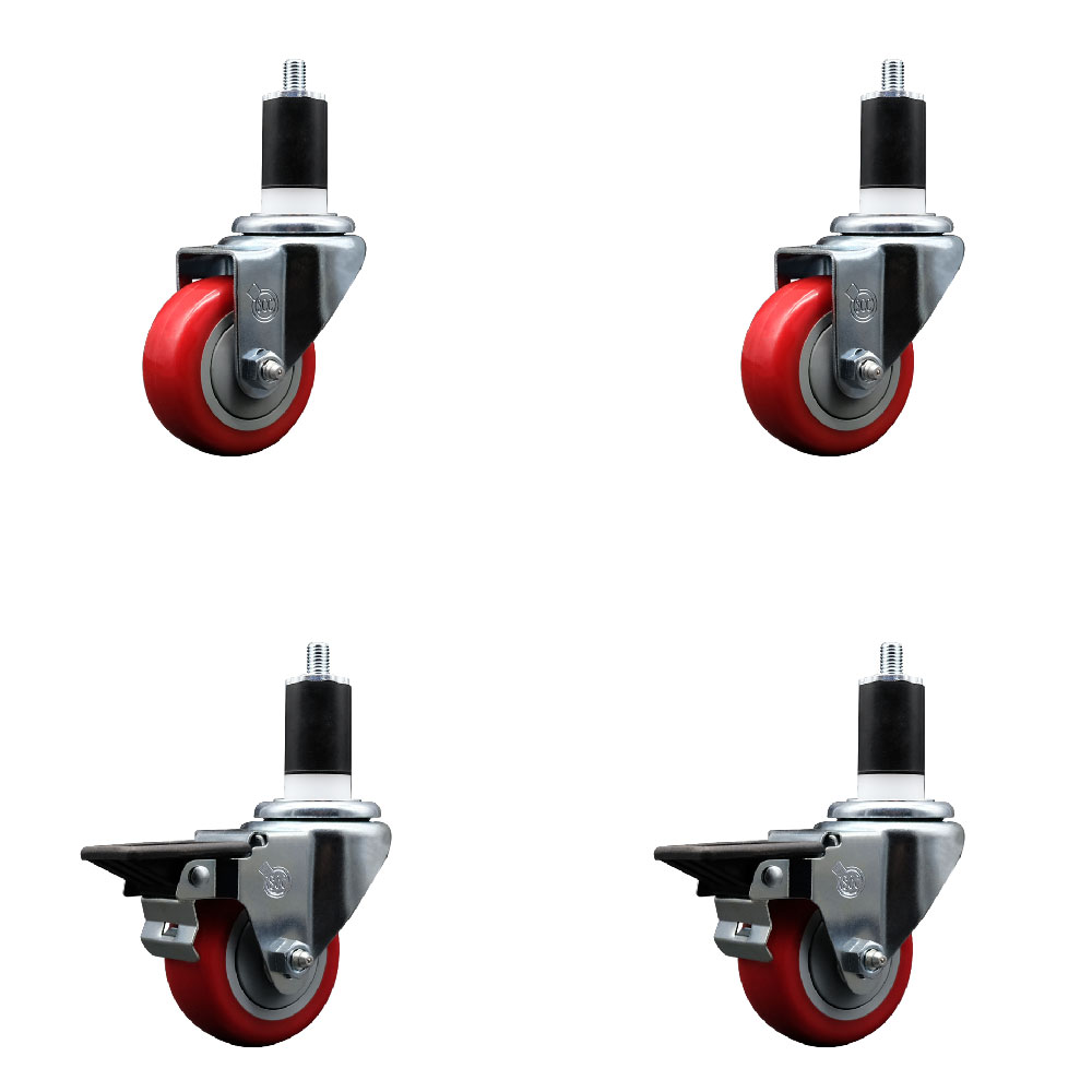 SCC-EX20S314-PPUB-RED-2-PLB-2-112 Polyurethane Swivel Expanding Stem Caster with 3 in. Red Wheels & 1.5 in. Stems - Set of 4