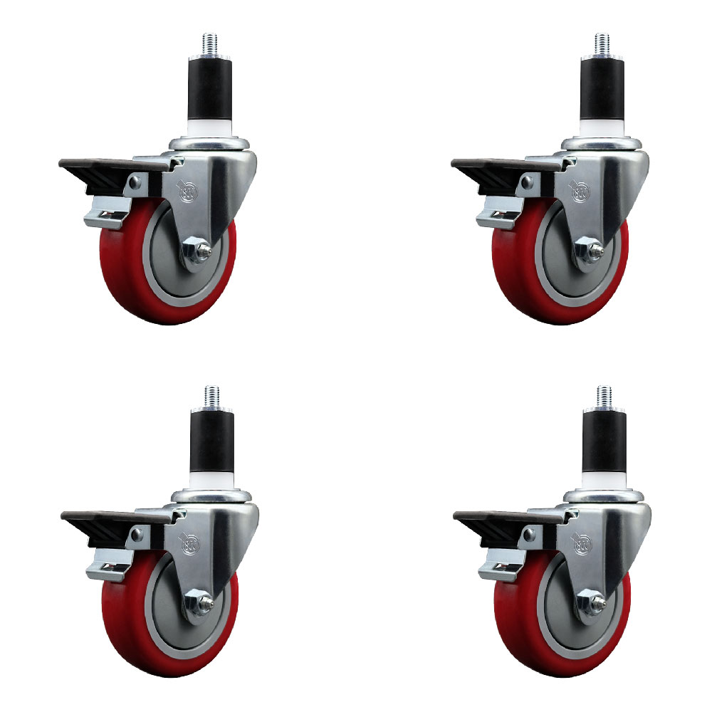 SCC-EX20S414-PPUB-RED-PLB-112-4 Polyurethane Swivel Expanding Stem Caster with 4 in. Red Wheels & 1.5 in. Stems - Set of 4