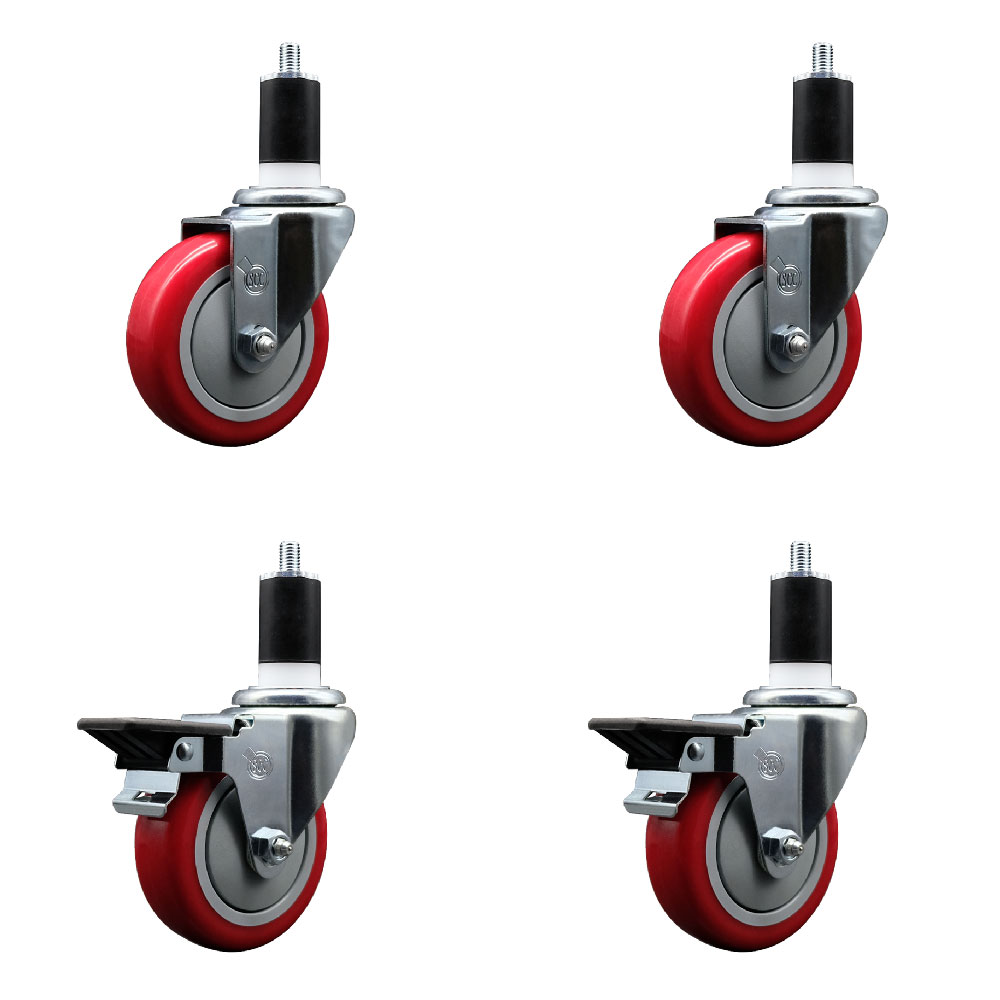 SCC-EX20S414-PPUB-RED-2-PLB-2-112 Polyurethane Swivel Expanding Stem Caster with 4 in. Red Wheels & 1.5 in. Stems - Set of 4