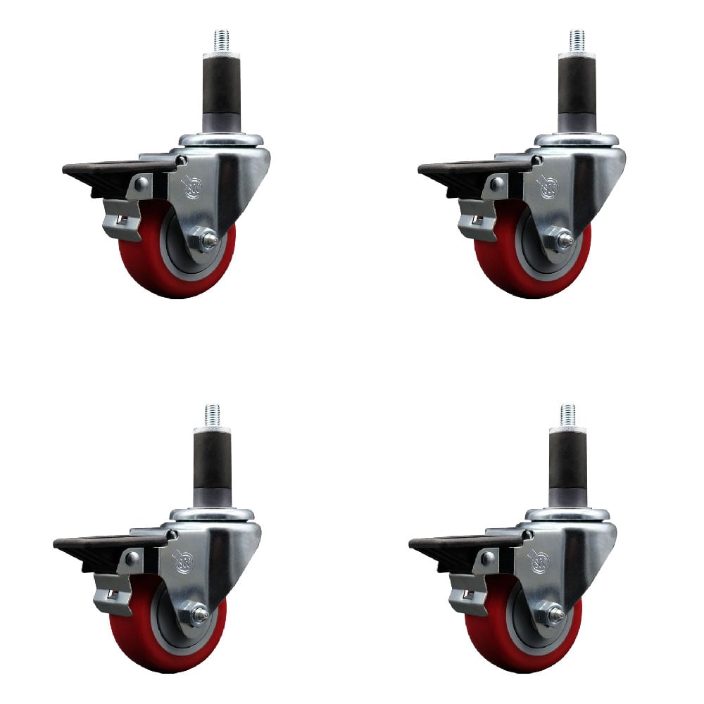 SCC-EX20S314-PPUB-RED-PLB-114-4 Polyurethane Swivel Expanding Stem Caster with 3 in. Red Wheels & 1.25 in. Stems - Set of 4