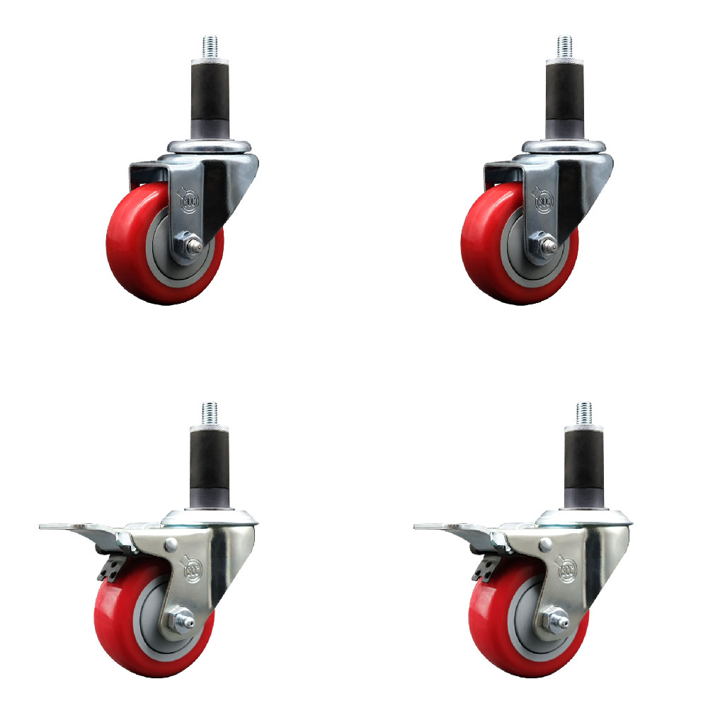 SCC-EXTTL20S314-PPUB-RED-2-S-2-114 Polyurethane Swivel Expanding Stem Caster with 3 in. Red Wheels & 1.25 in. Stems - Set of 4