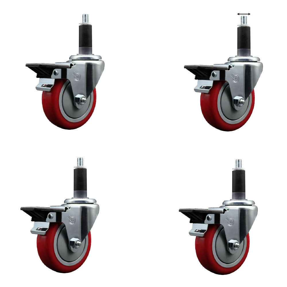 SCC-EX20S414-PPUB-RED-PLB-118-4 Polyurethane Swivel Expanding Stem Caster with 4 in. Red Wheels & 1.13 in. Stems - Set of 4