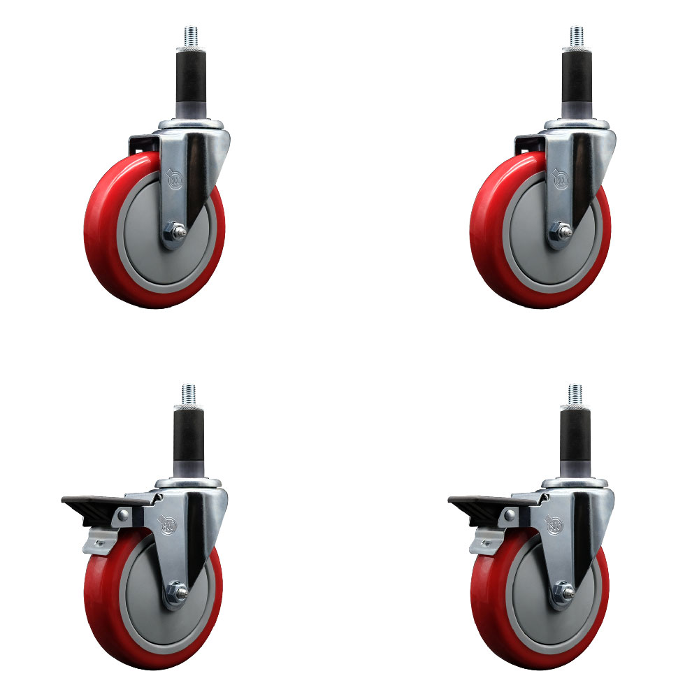 SCC-EX20S514-PPUB-RED-2-PLB-2-118 Polyurethane Swivel Expanding Stem Caster with 5 in. Red Wheels & 1.13 in. Stems - Set of 4
