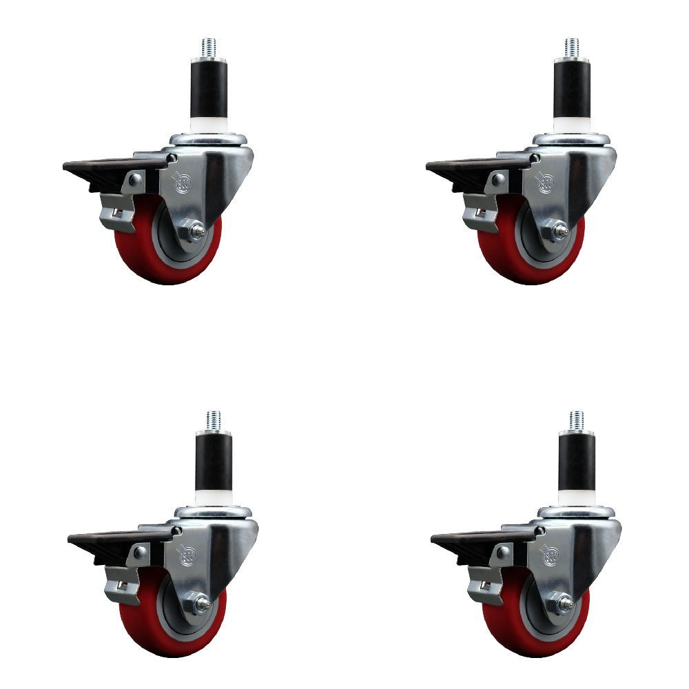 SCC-EX20S314-PPUB-RED-PLB-138-4 Polyurethane Swivel Expanding Stem Caster with 3 in. Red Wheels & 1.38 in. Stems - Set of 4