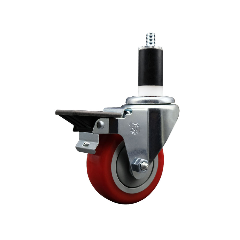 SCC-EX20S3514-PPUB-RED-PLB-138 Polyurethane Expanding Stem Swivel Caster with 3.5 in. Red Wheel & 1.38 in. Stem & Posi Locking Brake