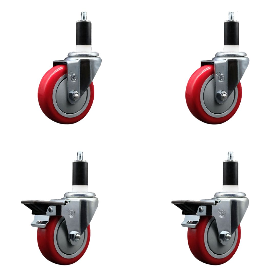 SCC-EX20S414-PPUB-RED-2-PLB-2-138 Polyurethane Swivel Expanding Stem Caster with 4 in. Red Wheels & 1.38 in. Stems - Set of 4