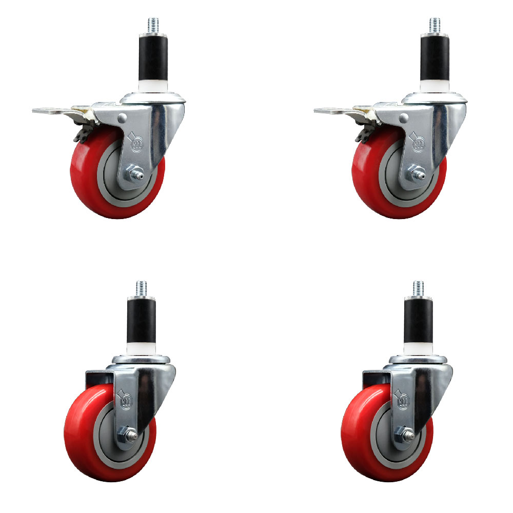 SCC-SSEXTTL20S3514-PPUB-RED-2-S2-138 Stainless Steel Polyurethane Swivel Expanding Stem Caster with 3.5 in. Red Wheels & 1.38 in. Stems - Set of 4