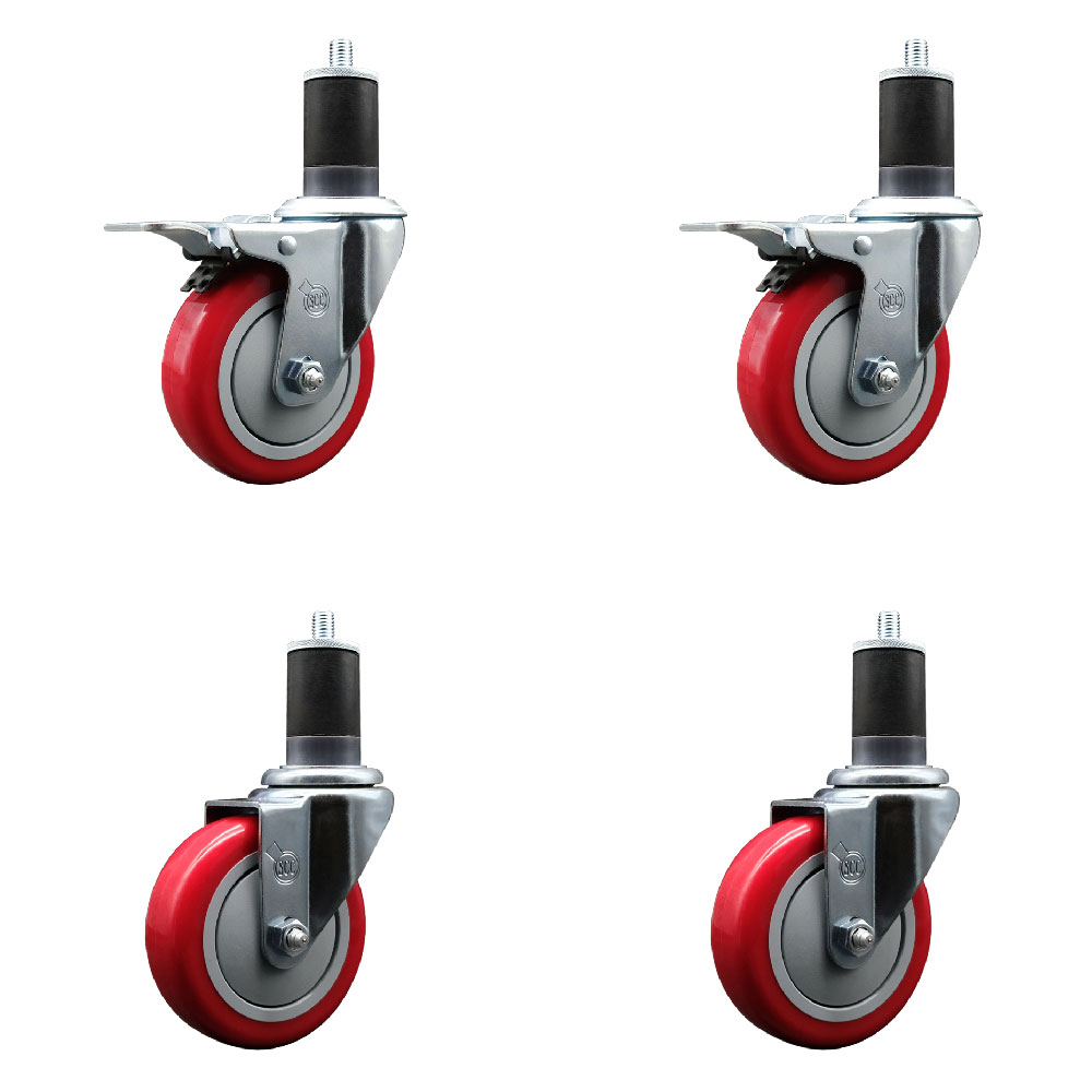 SCC-SSEXTTL20S414-PPUB-RED-2-S-2-158 Stainless Steel Polyurethane Swivel Expanding Stem Caster with 4 in. Red Wheels & 1.63 in. Stems - Set of 4