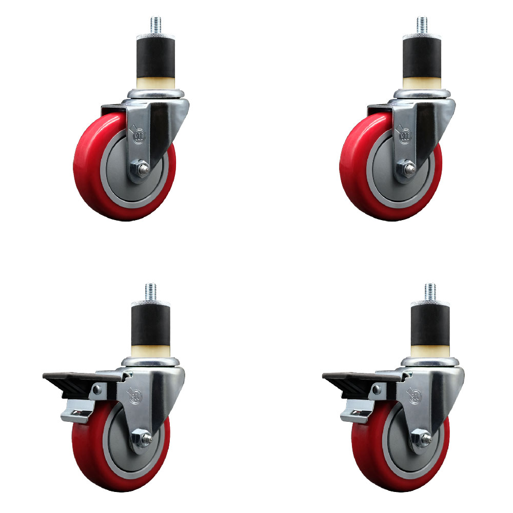 SCC-EX20S414-PPUB-RED-2-PLB-2-178 Polyurethane Swivel Expanding Stem Caster with 4 in. Red Wheels & 1.87 in. Stems - Set of 4