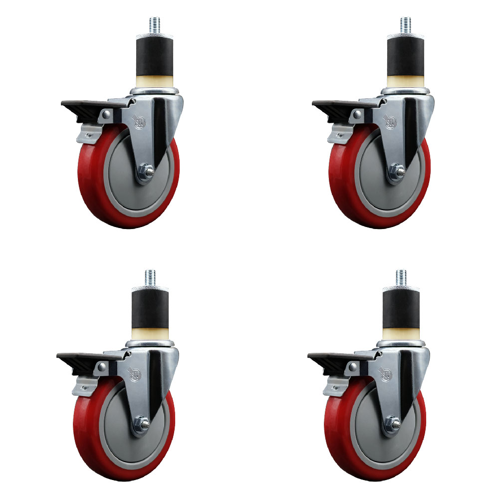 SCC-EX20S514-PPUB-RED-PLB-178-4 Polyurethane Swivel Expanding Stem Caster with 5 in. Red Wheels & 1.87 in. Stems - Set of 4