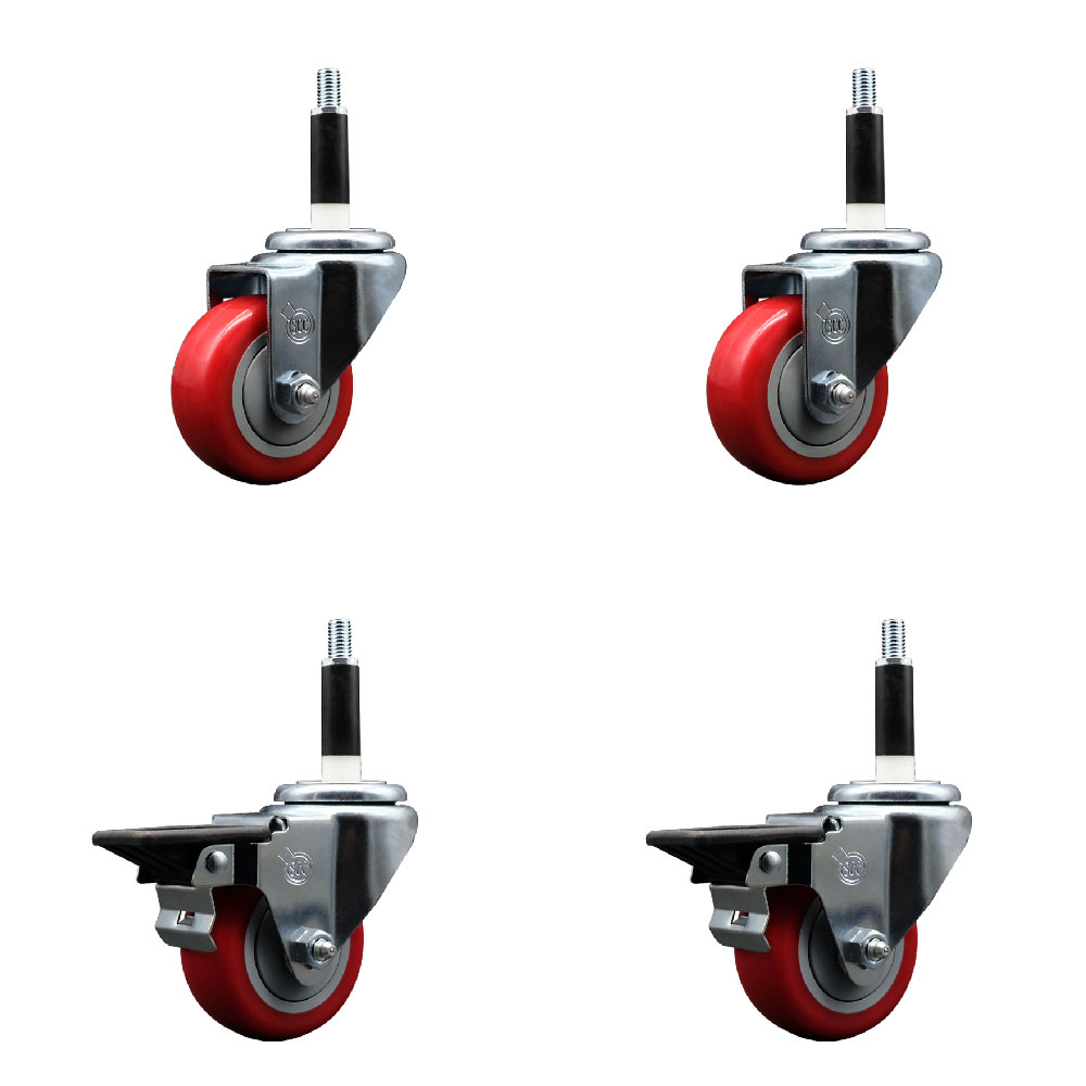 SCC-EX20S314-PPUB-RED-2-PLB-2-78 Polyurethane Swivel Expanding Stem Caster with 3 in. Red Wheels & 0.87 in. Stems - Set of 4