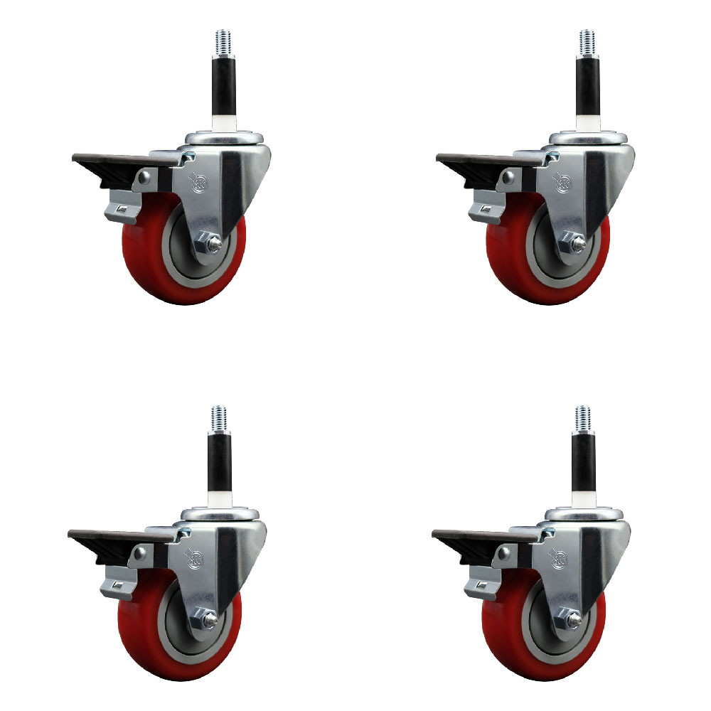 SCC-EX20S3514-PPUB-RED-PLB-78-4 Polyurethane Swivel Expanding Stem Caster with 3.5 in. Red Wheels & 0.87 in. Stems - Set of 4