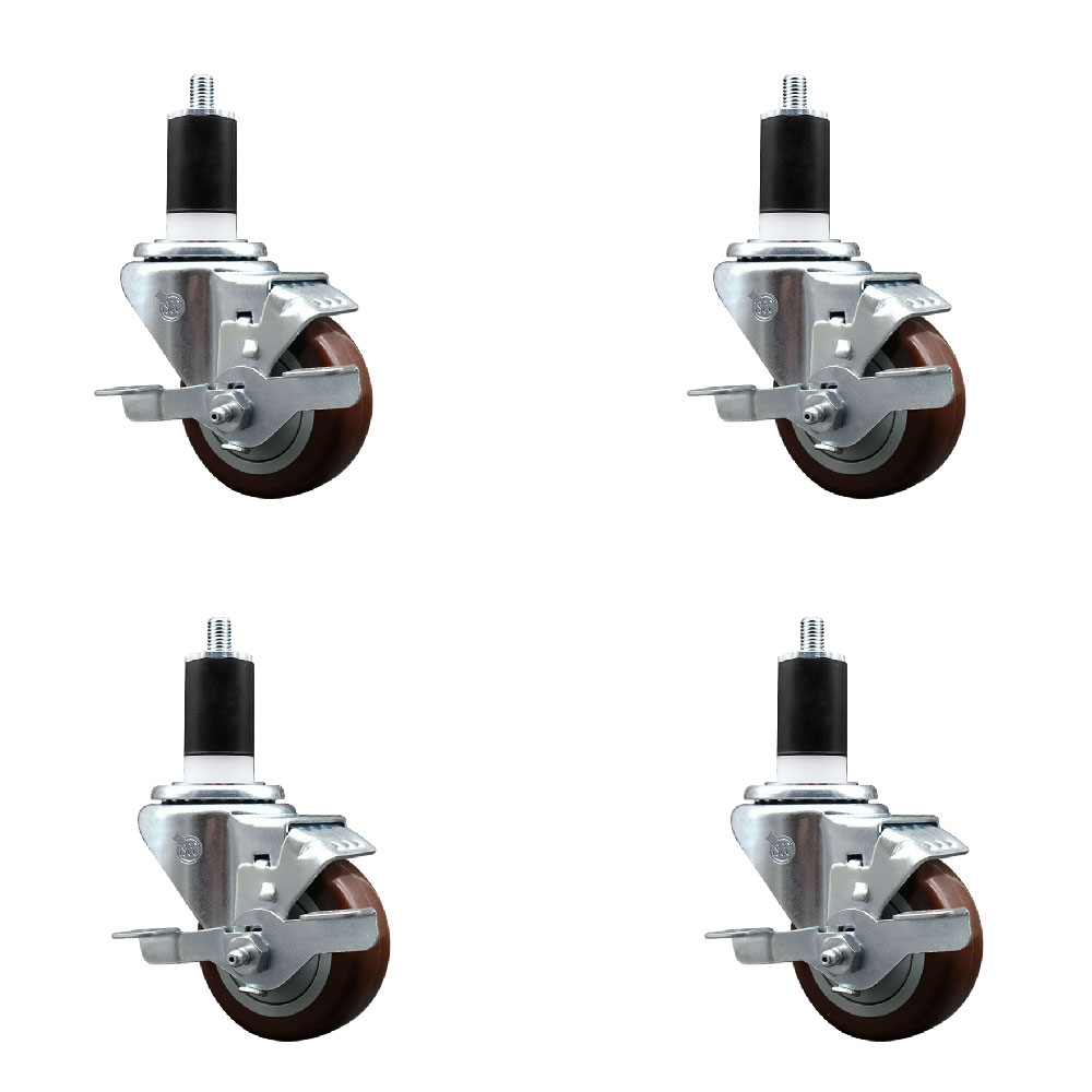 Stainless Steel Polyurethane Swivel Expanding Stem Caster with 3 in. Maroon Wheels & 1.5 in. Stems 4 Swivel with Top Locking Brakes - Set of 4