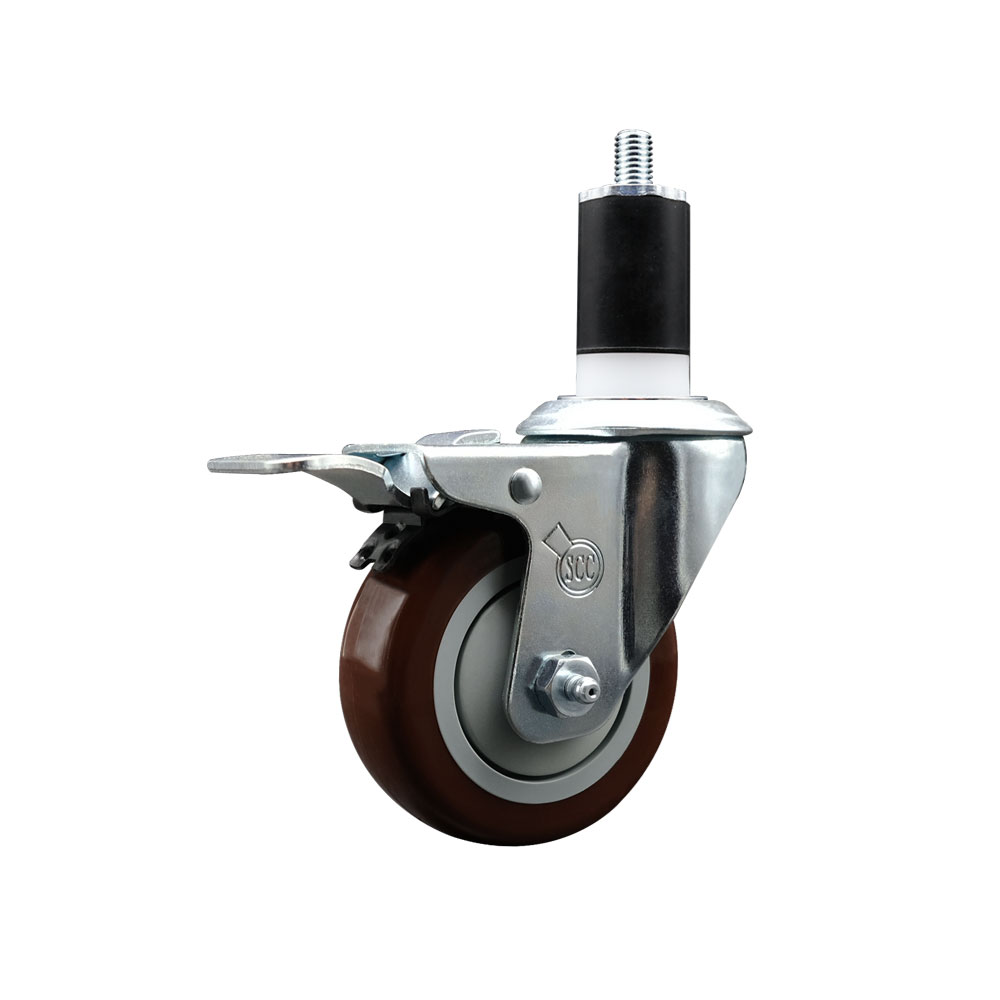 Stainless Steel Polyurethane Expanding Stem Swivel Caster with 3.5 in. Maroon Wheel & 1.5 in. Stem & Total Locking Brake
