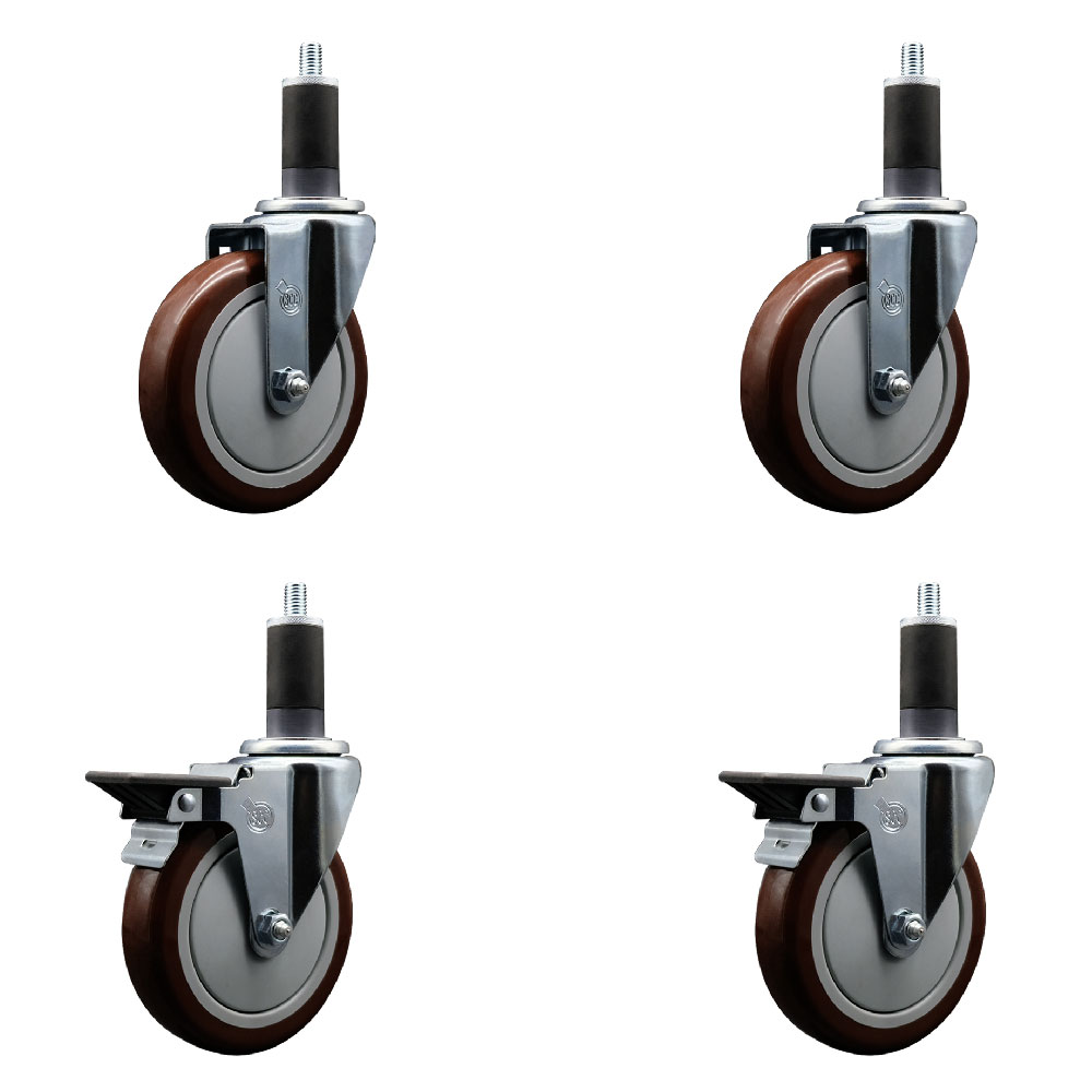 SCC-EX20S514-PPUB-MRN-2-PLB-2-114 Polyurethane Swivel Expanding Stem Caster with 5 in. Maroon Wheels & 1.25 in. Stems - Set of 4