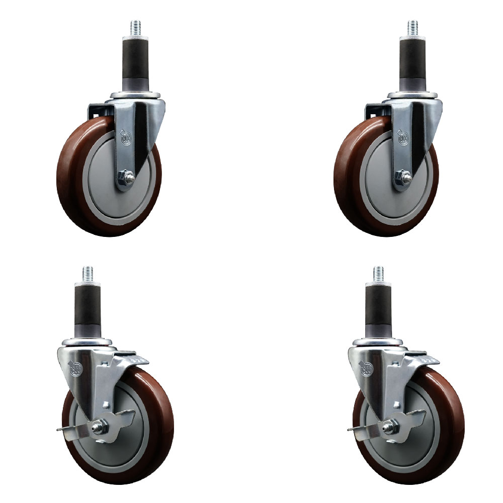 SCC-EX20S514-PPUB-MRN-2-TLB-2-114 Polyurethane Swivel Expanding Stem Caster with 5 in. Maroon Wheels & 1.25 in. Stems - Set of 4