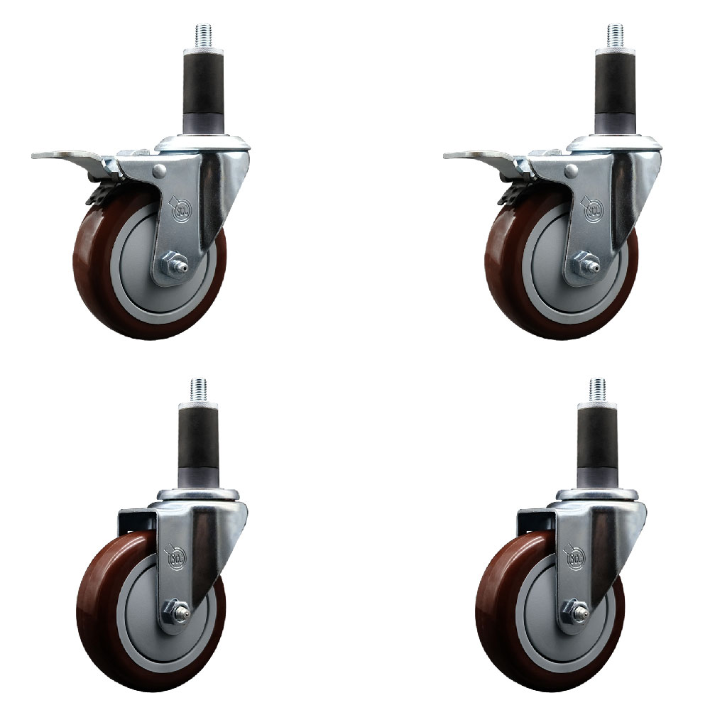 SCC-SSEXTTL20S414-PPUB-MRN-2S2-114 Stainless Steel Polyurethane Swivel Expanding Stem Caster with 4 in. Maroon Wheels & 1.25 in. Stems - Set of 4