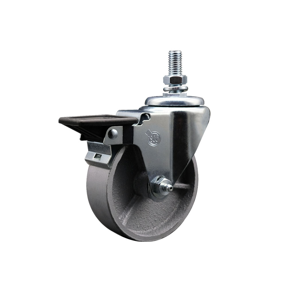Semi Steel Cast Iron Swivel Threaded Stem Caster with Roller Bearing 4 x 1.5 in. Silver Wheel & 0.75 in. Stem & Posi Locking Brake