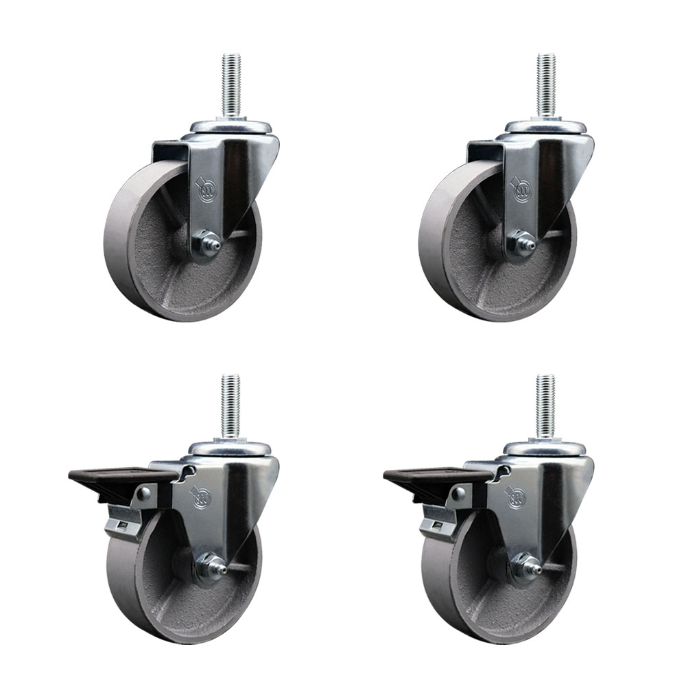 Semi Steel Cast Iron Swivel Threaded Stem Caster with Roller Bearing 4 x 1.5 in. Silver Wheels & 0.75 in. Stems - Set of 4