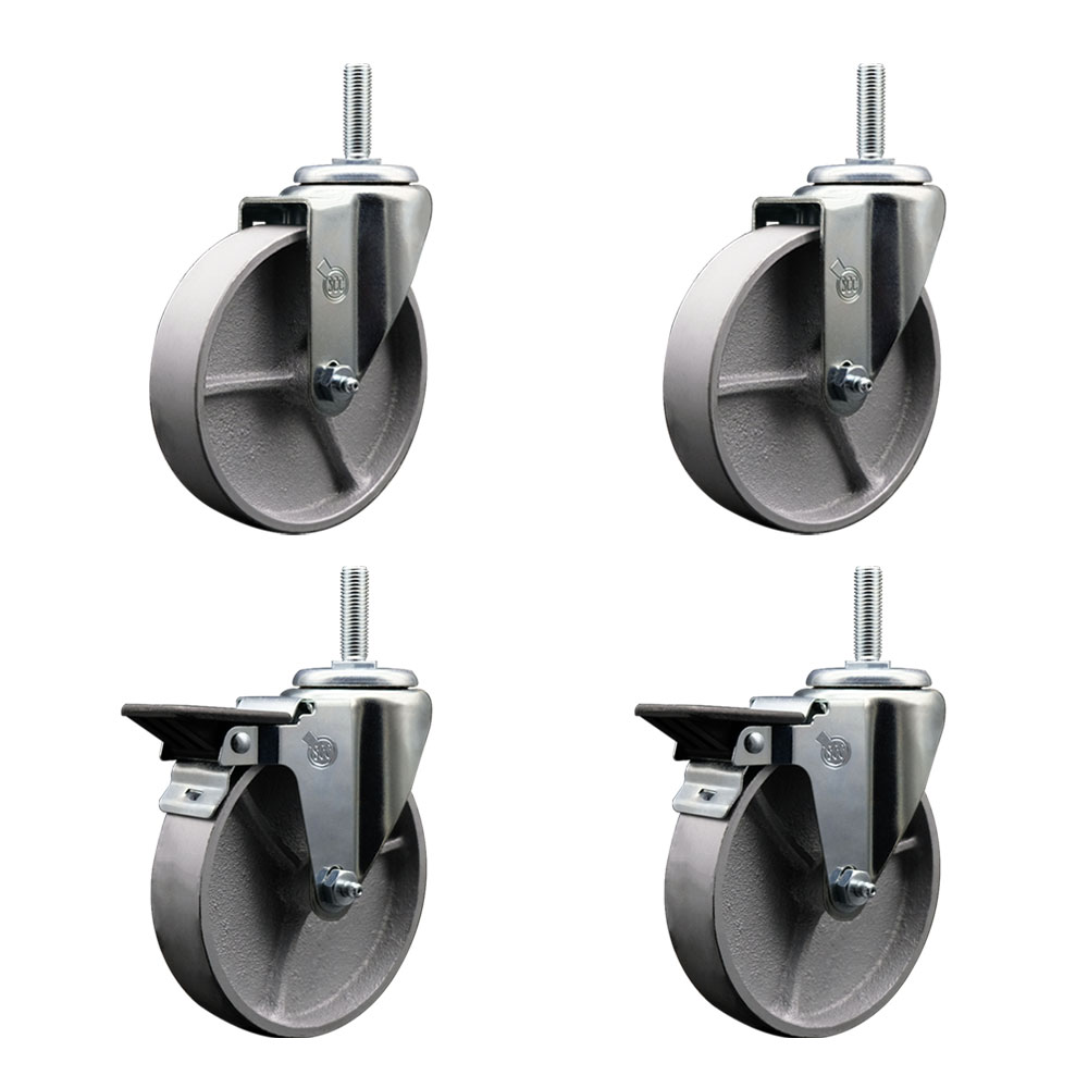 Semi Steel Cast Iron Swivel Threaded Stem Caster with Roller Bearing 5 x 1.5 in. Silver Wheels & 0.75 in. Stems - Set of 4