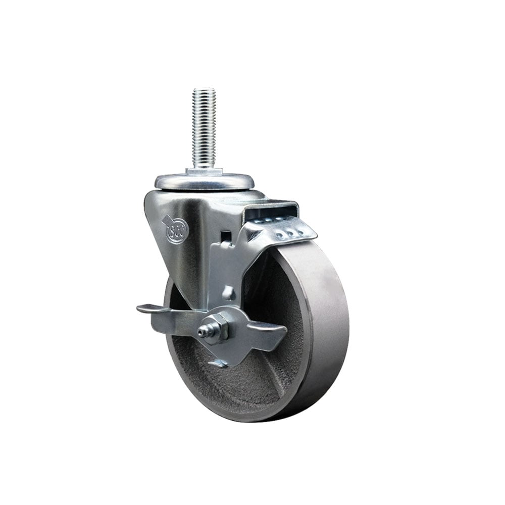 Semi Steel Cast Iron Swivel Threaded Stem Caster with Roller Bearing 4 x 1.5 in. Silver Wheel & 0.63 in. Stem & Top Locking Brake