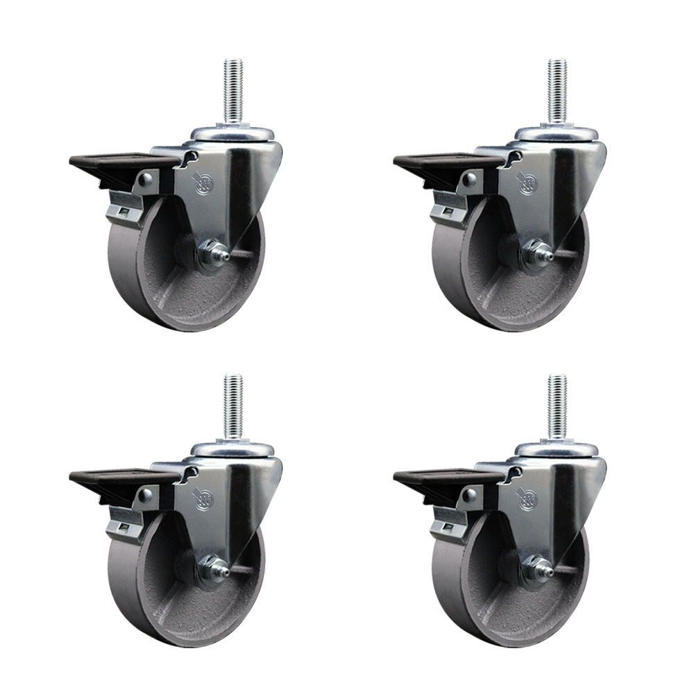 Semi Steel Cast Iron Swivel Threaded Stem Caster with Roller Bearing, 4 x 1.5 in. Silver Wheels & 0.63 in. Stems - Set of 4
