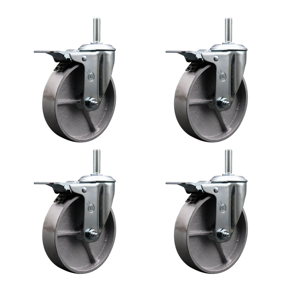 Semi Steel Cast Iron Swivel Threaded Stem Caster with Roller Bearing, 5 x 1.5 in. Silver Wheels & 0.63 in. Stems - Set of 4