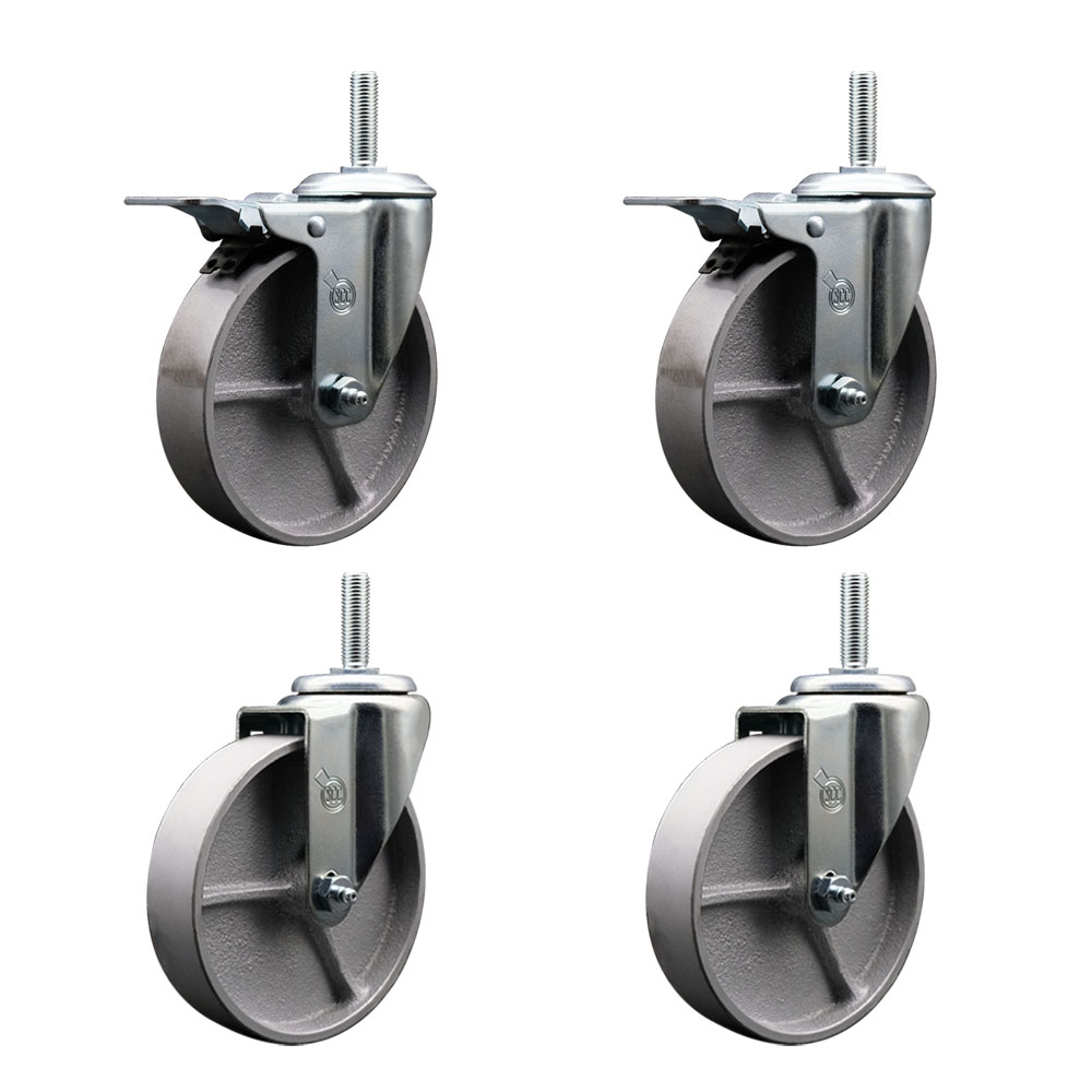 Semi Steel Cast Iron Swivel Threaded Stem Caster with Roller Bearing 5 x 1.5 in. Silver Wheels & 0.63 in. Stems - Set of 4
