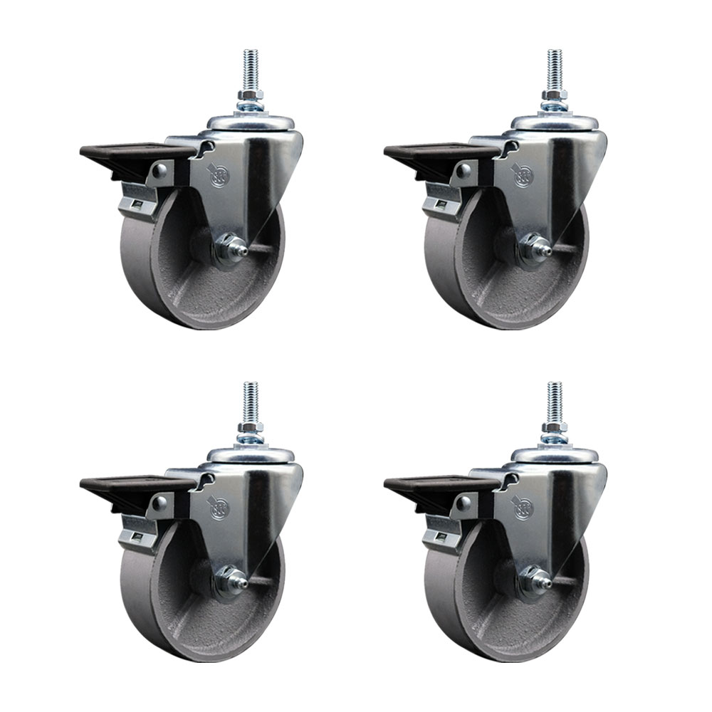 Semi Steel Cast Iron Swivel Threaded Stem Caster with Roller Bearing, 4 x 1.25 in. Silver Wheels & 0.38 in. Stems - Set of 4