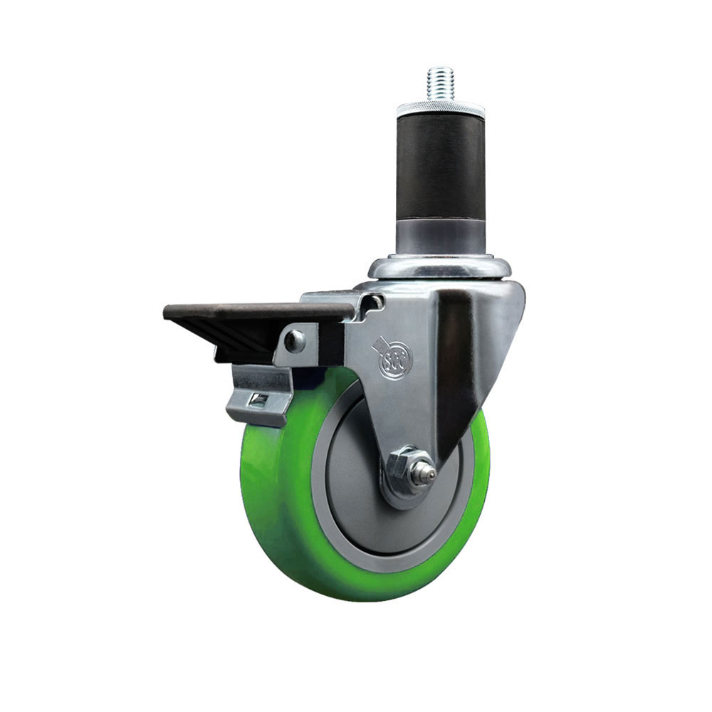 SCC-EX20S414-PPUB-GRN-PLB-158 Polyurethane Expanding Stem Swivel Caster with 4 in. Green Wheel & 1.63 in. Stem & Posi Locking Brake