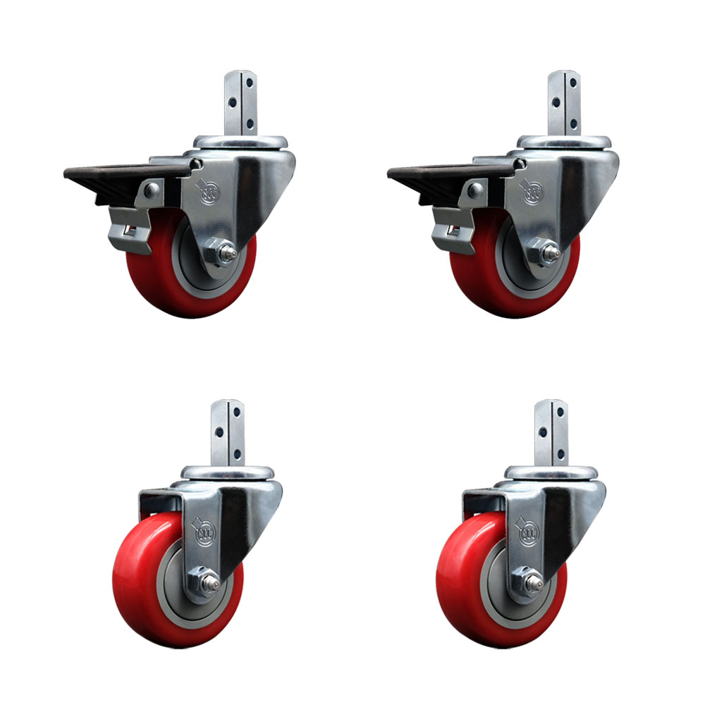 Swivel Square Stem Caster with 3 x 1.25 in. Red Poly Wheel, 0.87 x 2 in. Square Stem with 3 0.26 in. Diameter Mounting Holes - Set of 4