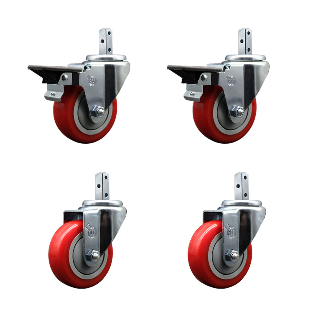 Swivel Square Stem Caster with 3.5 x 1.25 in. Red Poly Wheel, 0.87 x 2 in. Square Stem with 3 0.26 in. Diameter Mounting Holes - Set of 4