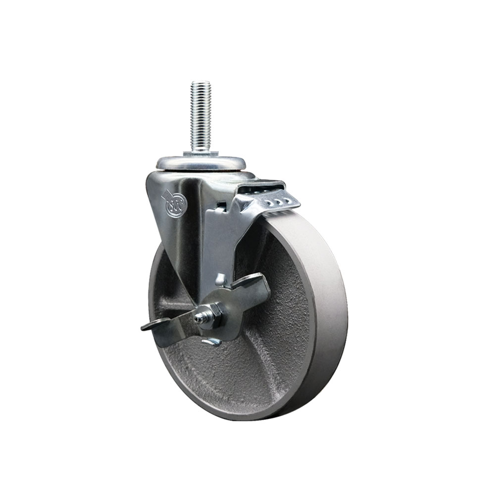Semi Steel Cast Iron Swivel Threaded Stem Caster with Roller Bearing 5 x 1.5 in. Silver Wheel & 0.75 in. Stem & Top Locking Brake