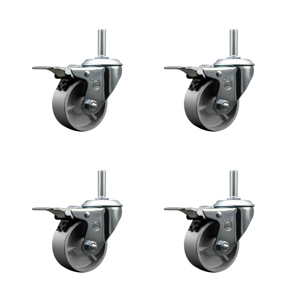 Semi Steel Cast Iron Swivel Threaded Stem Caster with Roller Bearing, 3 x 1.5 in. Silver Wheels & 0.63 in. Stems - Set of 4