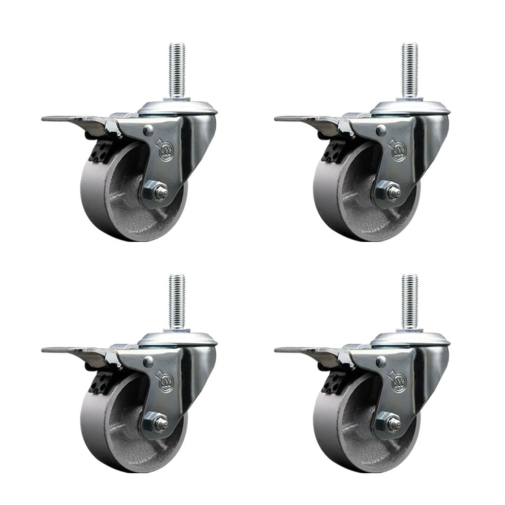 Semi Steel Cast Iron Swivel Threaded Stem Caster with Roller Bearing, 4 x 1.5 in. Silver Wheels & 0.63 in. Stems - Set of 4