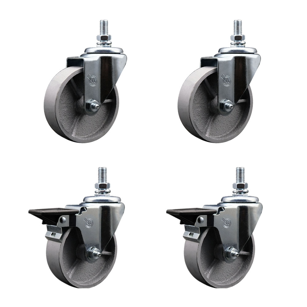 Semi Steel Cast Iron Swivel Threaded Stem Caster with Roller Bearing 4 x 1.25 in. Silver Wheels & 0.75 in. Stems - Set of 4