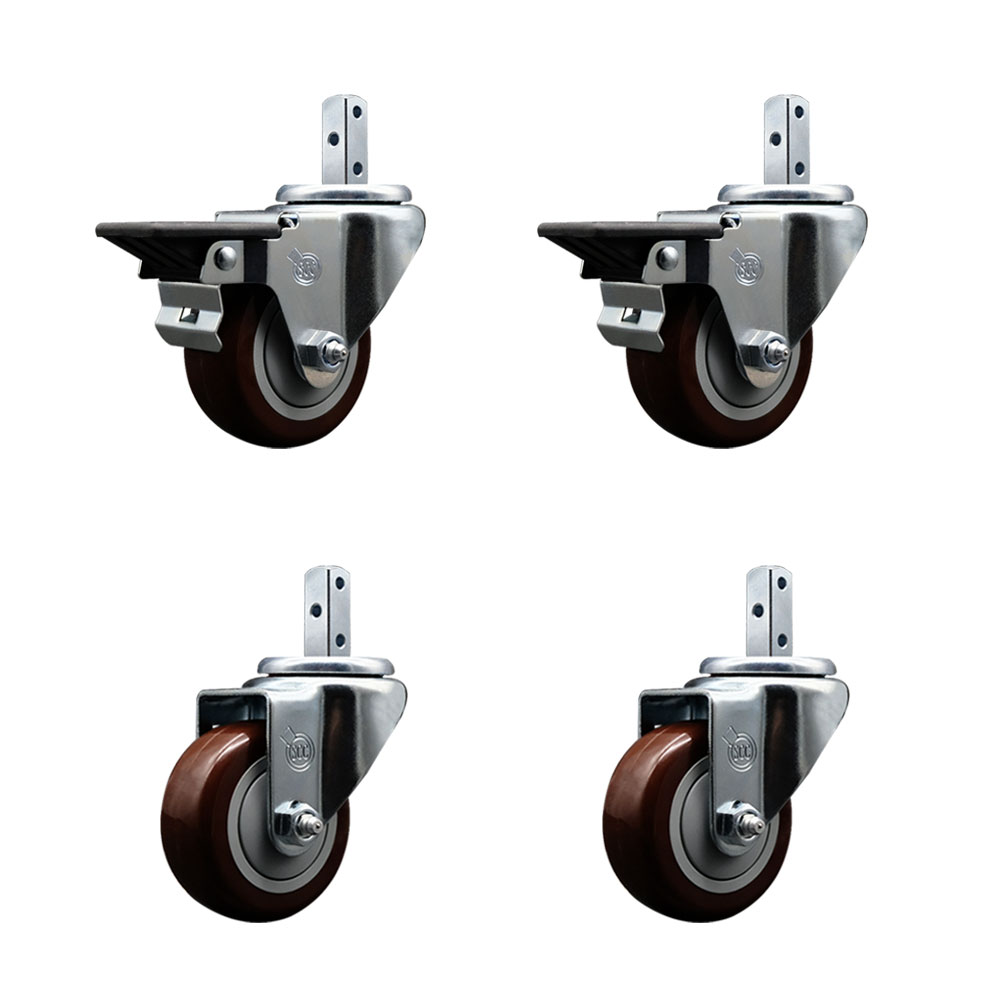 Swivel Square Stem Caster with 3 x 1.25 in. Maroon Poly Wheel, 0.75 x 2 in. Square Stem with 3 0.26 in. Diameter Mounting Holes - Set of 4