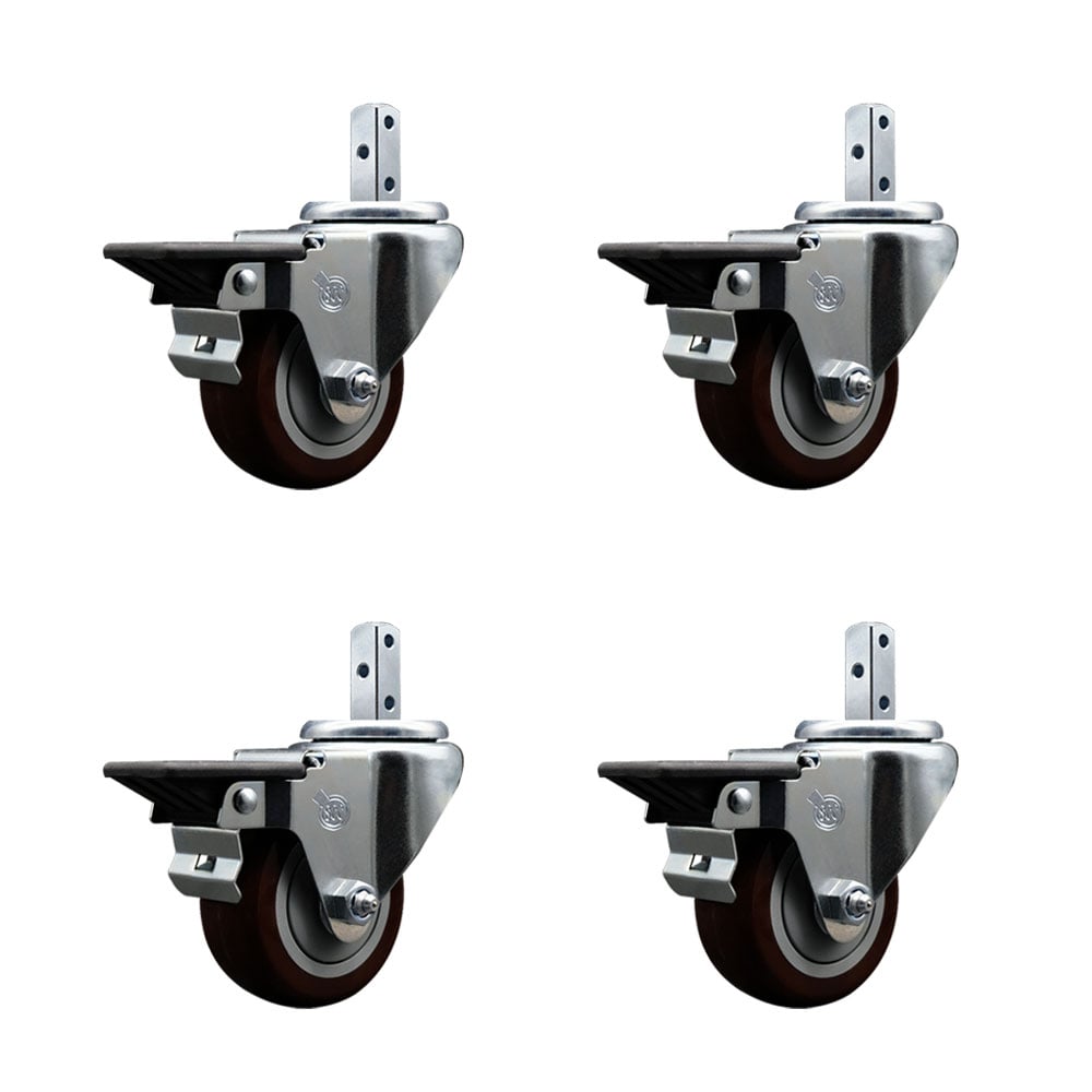 Swivel Square Stem Caster with 3 x 1.25 in. Maroon Poly Wheel, 0.87 x 2 in. Square Stem with 3 0.26 in. Diameter Mounting Holes - Set of 4