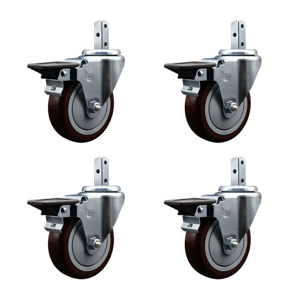 Swivel Square Stem Caster with 4 x 1.25 in. Maroon Poly Wheel, 0.87 x 2 in. Square Stem with 3 0.26 in. Diameter Mounting Holes - Set of 4