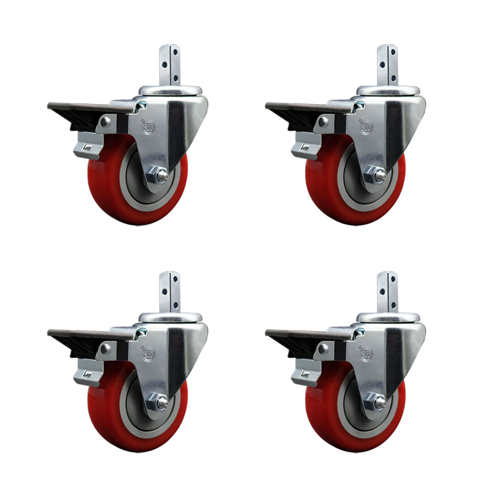 Swivel Square Stem Caster with 3.5 x 1.25 in. Red Poly Wheel, 0.75 x 2 in. Square Stem with 3 0.26 in. Diameter Mounting Holes - Set of 4