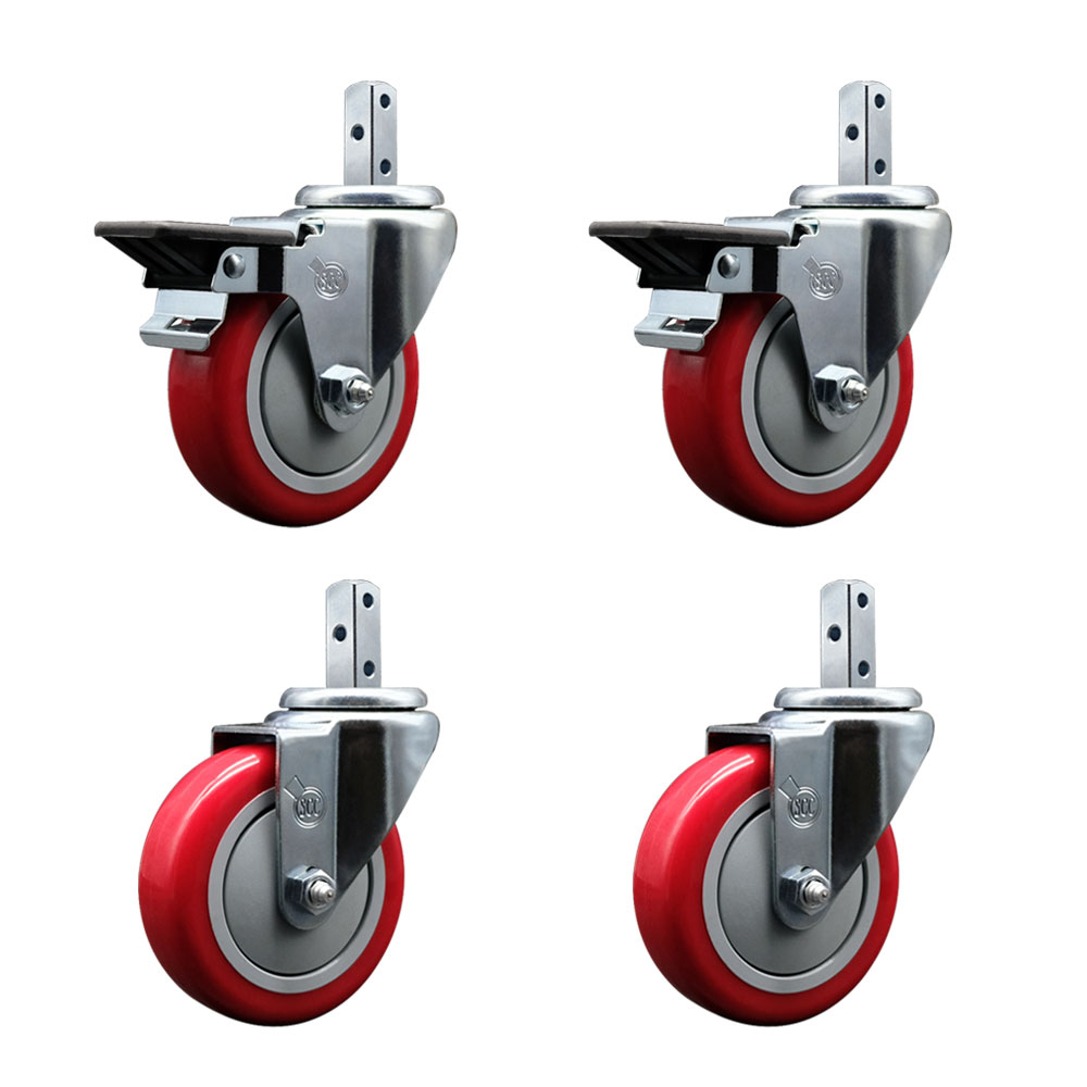 Swivel Square Stem Caster with 4 x 1.25 in. Red Poly Wheel, 0.75 x 2 in. Square Stem with 3 0.26 in. Diameter Mounting Holes - Set of 4