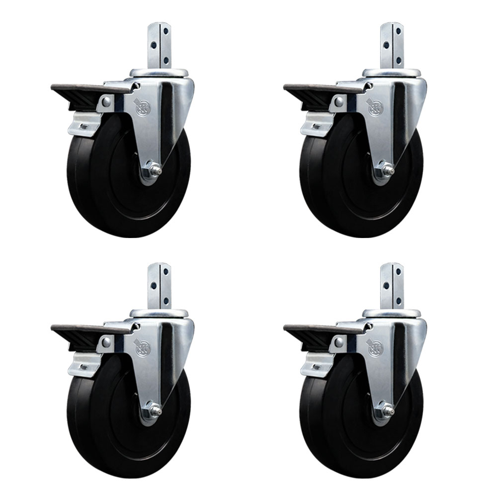Swivel Square Stem Caster with 5 x 1.25 in. Black Soft Rubber Wheel, 0.75 x 2 in. Square Stem with 3 0.26 in. Diameter Mounting Holes - Set of 4