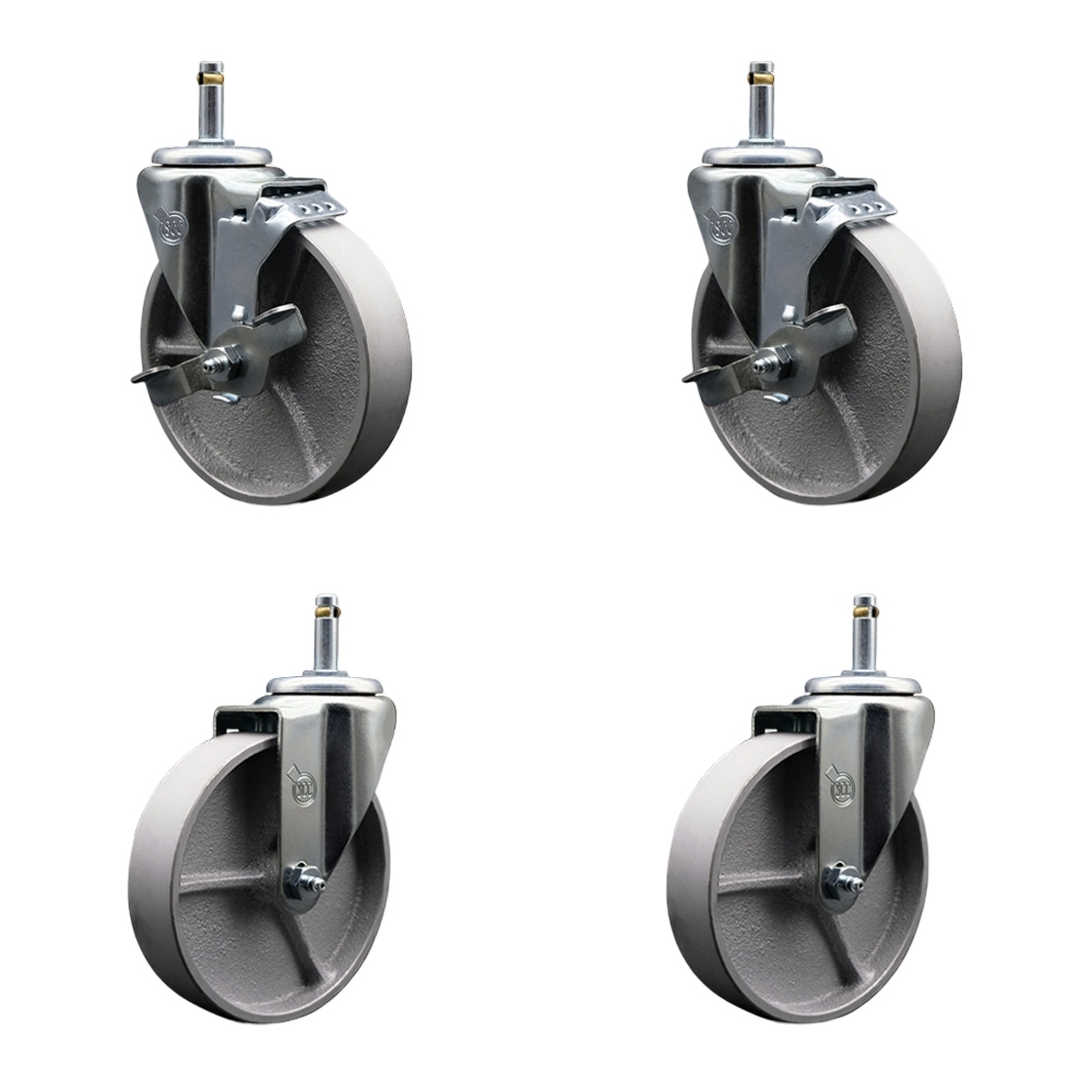 Semi Steel Cast Iron Swivel Grip Ring Stem Caster with Roller Bearings, 5 x 1.5 in. Silver Wheels & 0.43 in. Stems - Set of 4